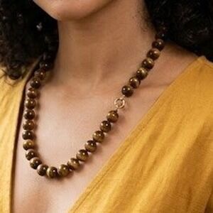 Vintage Tigers Eye Beaded Necklace 10mm Round Natural Stone Knotted 22" Brown